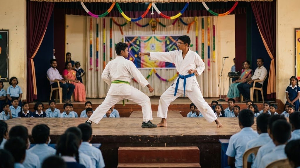 Cambridge International School Karate and sports fiesta champions with trophies